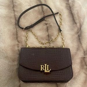 Burgundy Ralph Lauren Croc Bag with gold details.